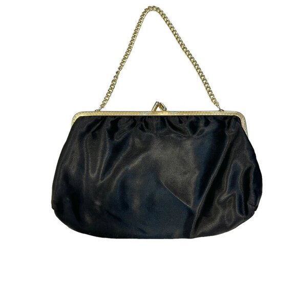 Vintage Mini Clutch Purse Bag Evening Wedding Satin Gold Chain 60s Small Goth - Picture 1 of 3